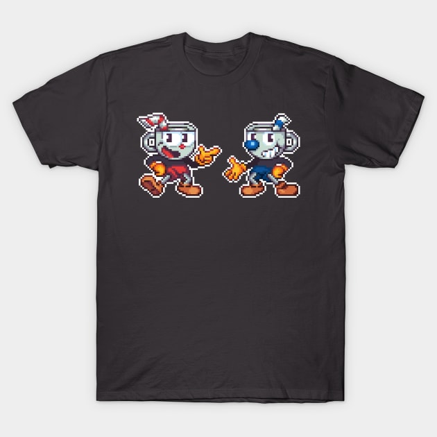 Cuphead and Mugman Pixel T-Shirt by geekmythology